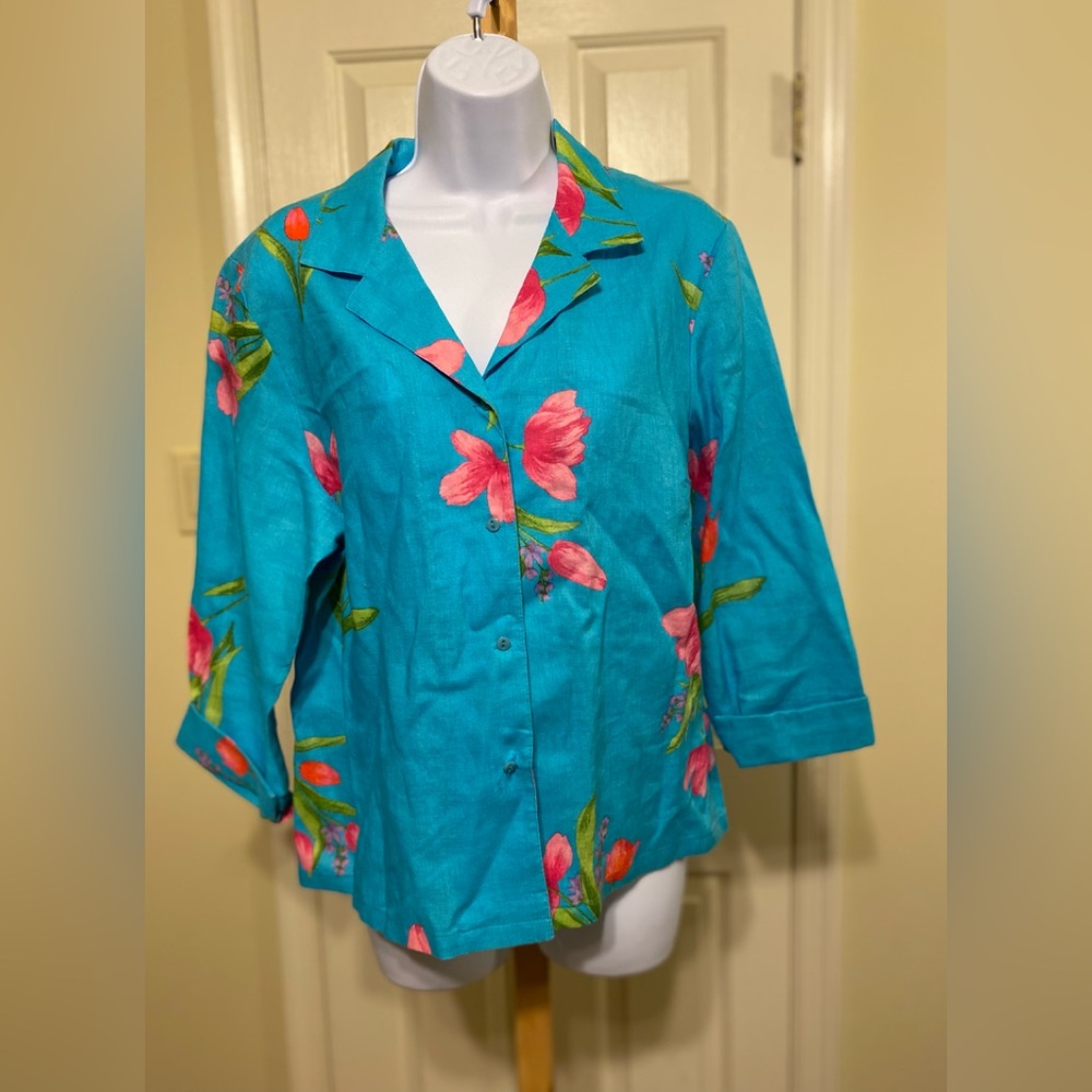 Talbots Blue Button Down Linen Blouse with Boxy Fit and Notched Collar, Size: XL